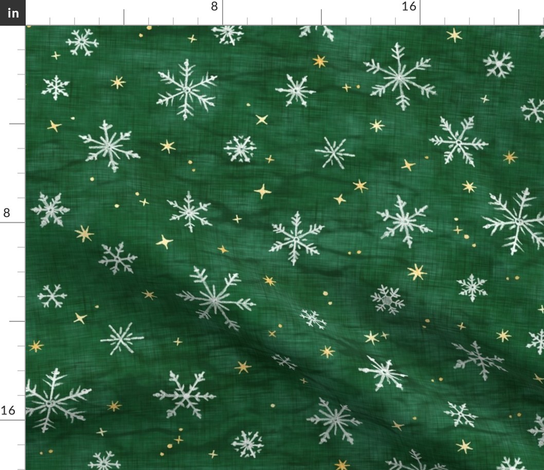 Shibori Snow and Stars on Deep Green (large scale) | Snowflakes and gold stars on arashi shibori linen pattern, block printed stars on pine forest green, Christmas fabric, winter night sky.