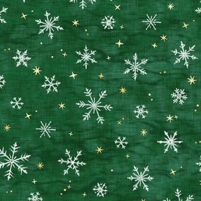 Shibori Snow and Stars on Deep Green (small scale) | Snowflakes and gold stars on arashi shibori linen pattern, block printed stars on pine forest green, Christmas fabric, winter night sky.