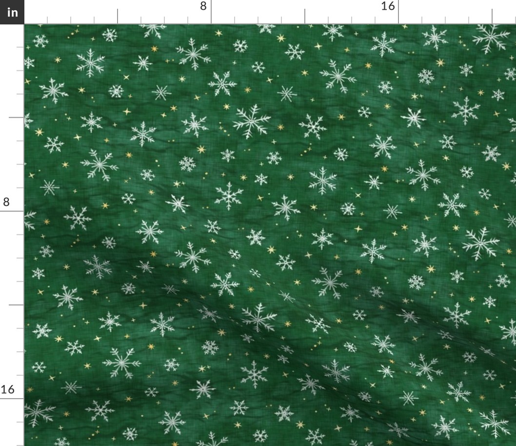 Shibori Snow and Stars on Deep Green (small scale) | Snowflakes and gold stars on arashi shibori linen pattern, block printed stars on pine forest green, Christmas fabric, winter night sky.