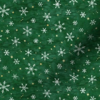 Shibori Snow and Stars on Deep Green (extra small scale) | Snowflakes and gold stars on arashi shibori linen pattern, block printed stars on pine forest green, Christmas fabric, winter night sky.