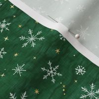 Shibori Snow and Stars on Deep Green (extra small scale) | Snowflakes and gold stars on arashi shibori linen pattern, block printed stars on pine forest green, Christmas fabric, winter night sky.