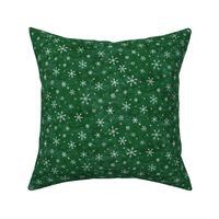 Shibori Snow and Stars on Deep Green (extra small scale) | Snowflakes and gold stars on arashi shibori linen pattern, block printed stars on pine forest green, Christmas fabric, winter night sky.