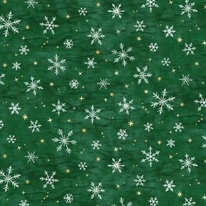 Shibori Snow and Stars on Deep Green (extra small scale) | Snowflakes and gold stars on arashi shibori linen pattern, block printed stars on pine forest green, Christmas fabric, winter night sky.