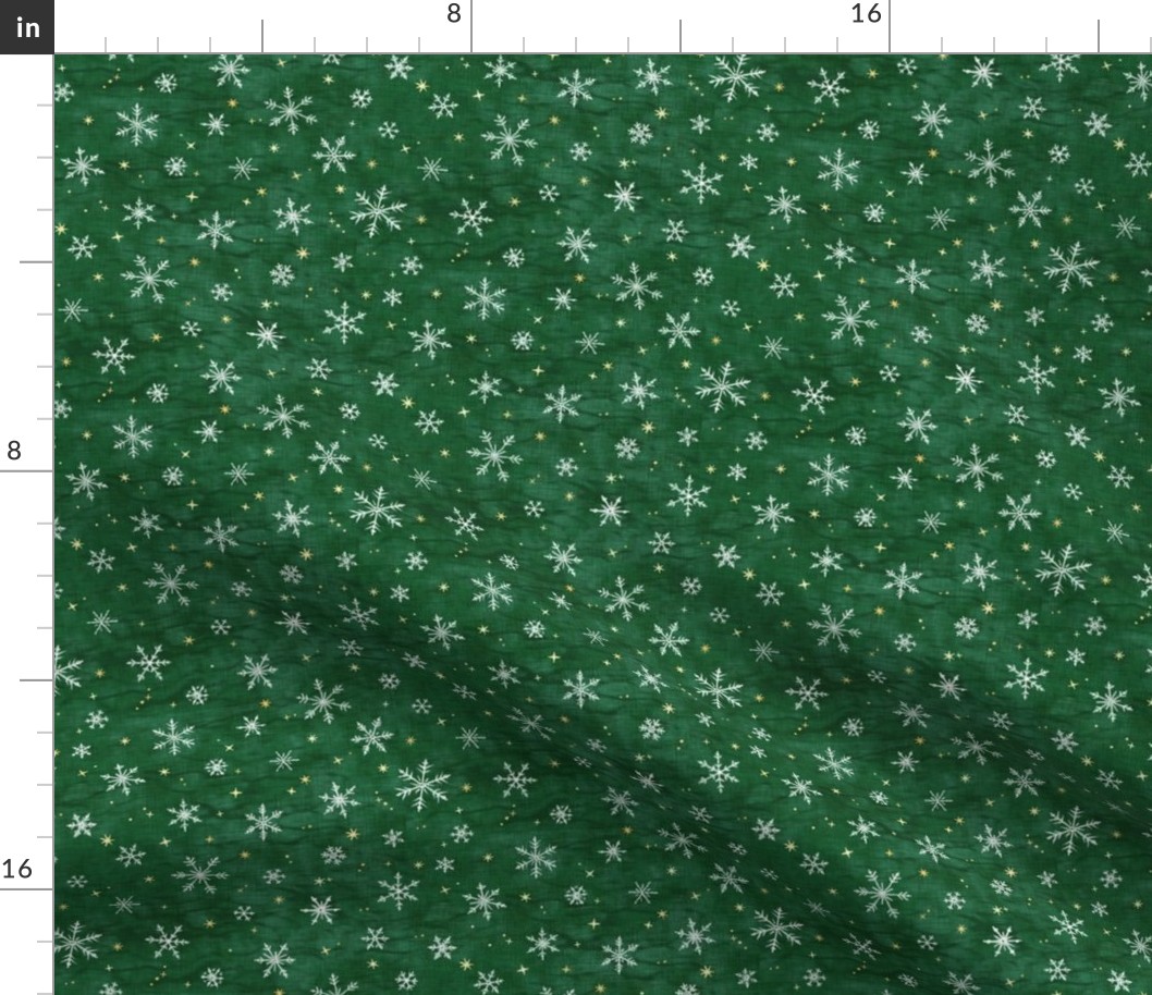 Shibori Snow and Stars on Deep Green (extra small scale) | Snowflakes and gold stars on arashi shibori linen pattern, block printed stars on pine forest green, Christmas fabric, winter night sky.