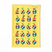 Bright Plaid Apples and Pears on Yellow Kitchen Tea Towel