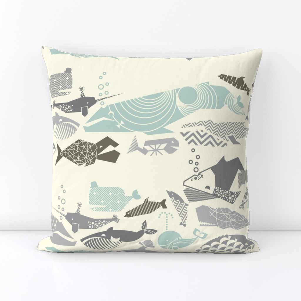 Geometric Whales on Parade - Greys on Cream