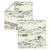 Geometric Whales on Parade - Greys on Cream