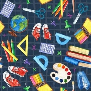 Medium Scale Colorful School Days Bus Books Art Supplies on Navy