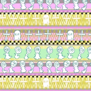 Sweet Halloween Ghost-ies -- Pastel Halloween Stripes with Ghosts and Graves in Pastels -- Pastel Pink, Yellow, Green – 300 dpi (50% of Full Scale)