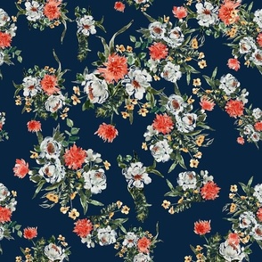 Octobravo Florals Navy Blue Hand painted watercolor florals fashion apparel quilting fabric wallpaper red green grey
