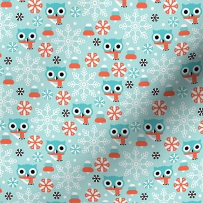 Cold christmas owl winter woodland christmas animals with scarfs and snowflakes soft blue coral white