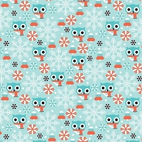 Cold christmas owl winter woodland christmas animals with scarfs and snowflakes soft blue coral white