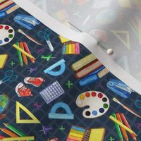 Small Scale Colorful School Days Bus Books Art Supplies on Navy