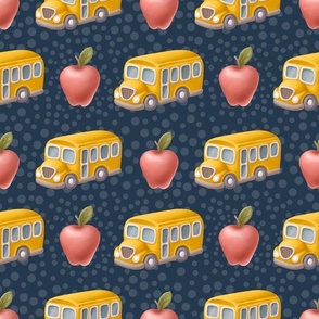 Large Scale Back to School Red Apple and Yellow Bus on Navy