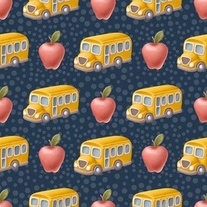 Medium Scale Back to School Red Apple and Yellow Bus on Navy