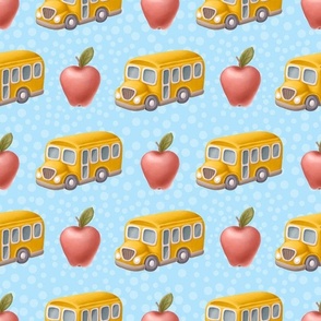 Large Scale Back to School Red Apple and Yellow Bus on Blue