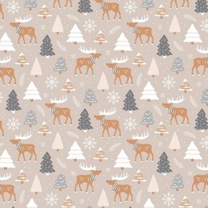Boho reindeer woodland and Christmas trees in a winter wonderland boho holidays soft sand gray terracotta caramel on beige SMALL