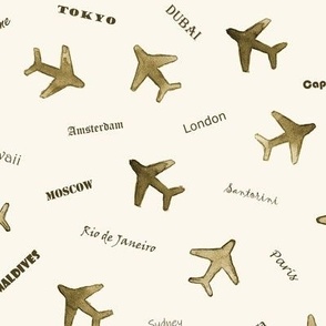 Earthy beige Bon voyage - watercolor travel inspiration - air planes and destinations - trip around the world a612-7