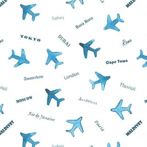 Bon voyage in denim blue - watercolor travel inspiration - air planes and destinations - trip around the world a612-17