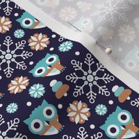 Cold christmas owl winter woodland christmas animals with scarfs and snowflakes soft blue caramel white on navy