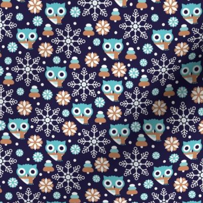 Cold christmas owl winter woodland christmas animals with scarfs and snowflakes soft blue caramel white on navy