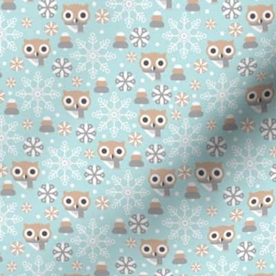 Cold christmas owl winter woodland christmas animals with scarfs and snowflakes pastel ice blue beige sand neutral vintage palette
