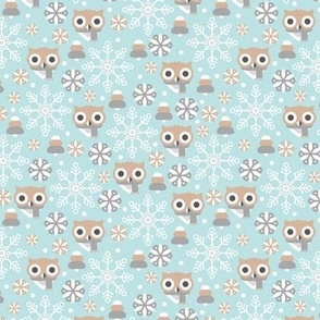 Cold christmas owl winter woodland christmas animals with scarfs and snowflakes pastel ice blue beige sand neutral vintage palette