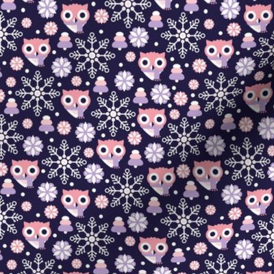 Cold christmas owl winter woodland christmas animals with scarfs and snowflakes pastel pink lilac purple white on navy blue