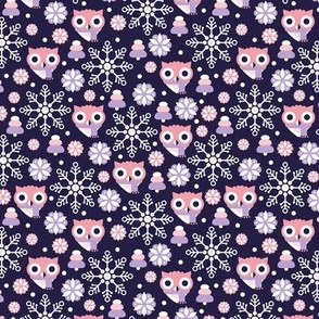 Cold christmas owl winter woodland christmas animals with scarfs and snowflakes pastel pink lilac purple white on navy blue