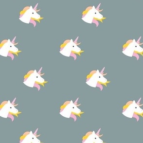Sweet kawaii unicorn faces with long hair and magical horn kids fantasy dreams in moody gray green pink and yellow
