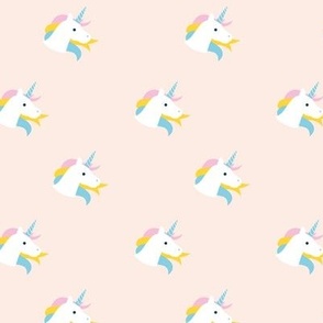 Sweet kawaii unicorn faces with long hair and magical horn kids fantasy dreams in yellow blue pink on blush cream
