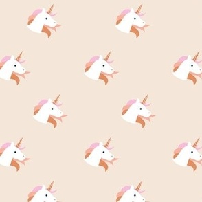 Sweet kawaii unicorn faces with long hair and magical horn kids fantasy dreams in vintage beige blush orange pink