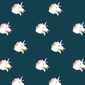Sweet kawaii unicorn faces with long hair and magical horn kids fantasy dreams in mint orange pink on navy blue