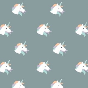 Sweet kawaii unicorn faces with long hair and magical horn kids fantasy dreams in vintage gray lilac mint orange retro palette