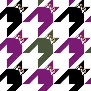 Cat Face Houndstooth Large Scale in Purple, Green, Black and White Paducaru