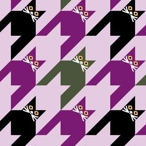 Cat Face Houndstooth Large Scale in Purple, Black, Green and Lavender Paducaru