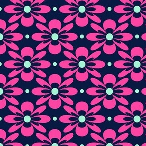 Smaller Groovy Retro Floral in Hot Pink, Mint, Midnight Blue Paducaru