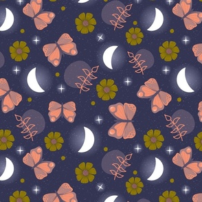 Butterflies and Crescents Moons with Flowers on Dark Purple Background
