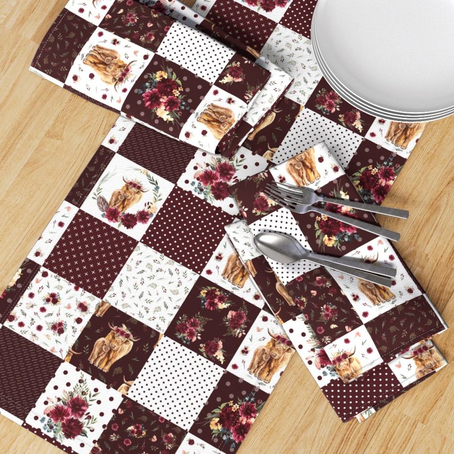 4" maroon floral highland cow cheater quilt