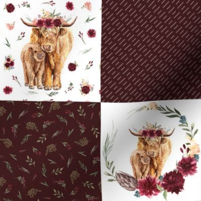 4" maroon floral highland cow cheater quilt