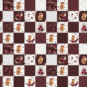4" maroon floral highland cow cheater quilt