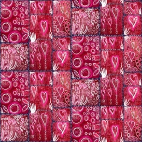 Mono print doodled blocks eggplant  and cardinal red large geometric hearts and circles