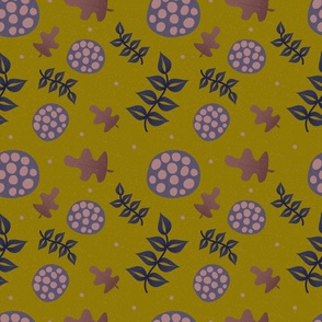 Purple Leaves on Olive Green Background