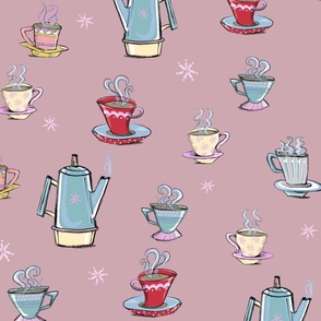 Vintage Coffee Percolator and cups on Blue, Yellow on Dusty pink 