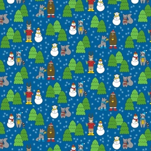 Woodland Animals in Forest on Blue