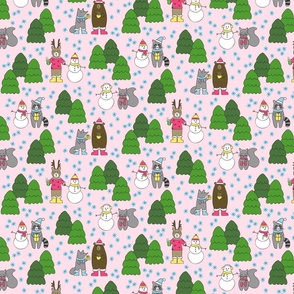 Woodland Animals in Forest on Pink