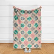 In Bloom Tile Inspired Abstract Retro Floral in Pink Aqua Turquoise Blue Gray on Cream - LARGE Scale - UnBlink Studio by Jackie Tahara