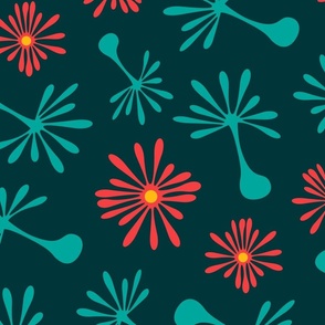 Blowing in the Wind Abstract Ditsy Cottage Floral Botanical in Aqua Turquoise Red Yellow on DarkTeal - LARGE Scale - UnBlink Studio by Jackie Tahara