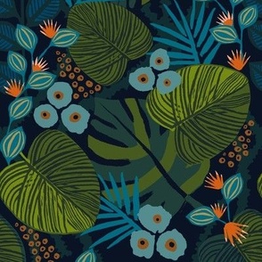 moody tropical floral navy teal small scale