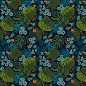 Moody Tropical Floral - Blue Navy Teal - Medium